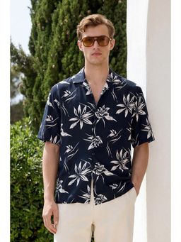 Snitch - Navy Blue Abstract Half Sleeves Oversized Casual Shirt for Men