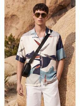 Snitch - White Abstract Half Sleeves Oversized Casual Shirt for Men