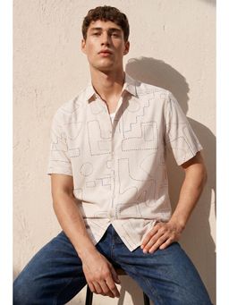Snitch - Cream Geometric Half Sleeves Boxy Casual Shirt for Men