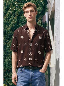 Snitch - Brown Geometric Half Sleeves Boxy Casual Shirt for Men