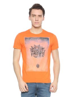 Peter England - Men Orange Print Round Neck T-Shirt