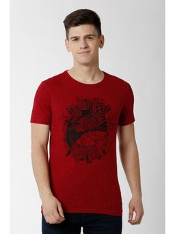 Peter England - Men Red Textured Round Neck T-Shirt