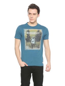 Peter England - Men Blue Print Round Neck T-Shirt