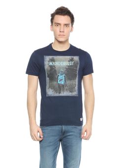Peter England - Men Navy Blue Print Round Neck T-Shirt
