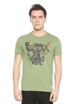 Peter England - Men Olive Print Round Neck T-Shirt