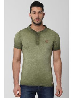 Peter England - Men Green Textured Henley Neck T-Shirt