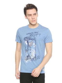 Peter England - Men Blue Print Round Neck T-Shirt