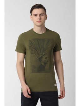 Peter England - Men Olive Print Round Neck T-Shirt