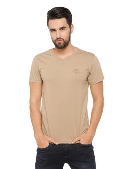 Peter England - Men Khaki Solid V-Neck T-Shirt