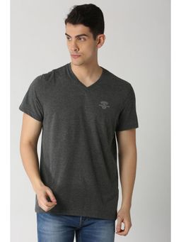 Peter England - Men Grey Solid V-Neck T-Shirt