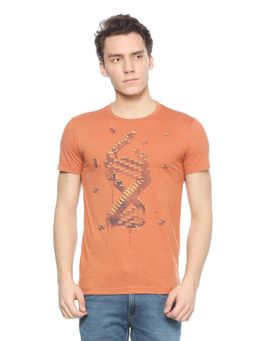 Peter England - Men Orange Print Round Neck T-Shirt