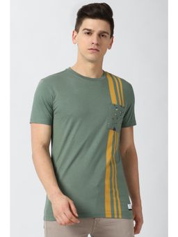 Peter England - Men Green Stripe Round Neck T-Shirt