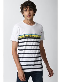 Peter England - Men White Stripe Round Neck T-Shirt