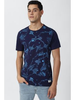 Peter England - Men Navy Blue Print Round Neck T-Shirt