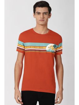 Peter England - Men Orange Graphic Print Round Neck T-Shirt