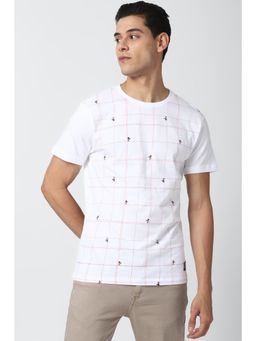 Peter England - Men White Check Round Neck T-Shirt