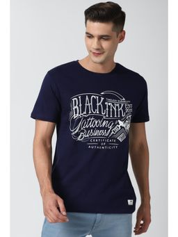 Peter England - Men Navy Blue Graphic Print Round Neck T-Shirt