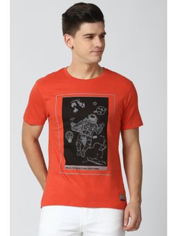 Peter England - Men Orange Graphic Print Round Neck T-Shirt