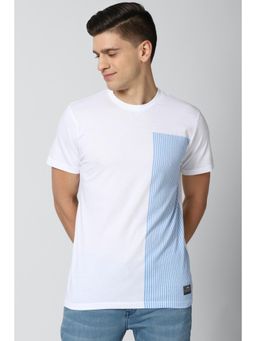 Peter England - Men White Stripe Round Neck T-Shirt