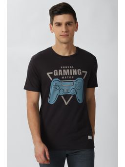 Peter England - Men Black Graphic Print Round Neck T-Shirt