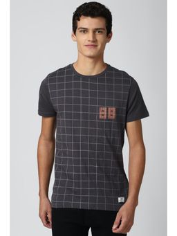 Peter England - Men Grey Check Round Neck T-Shirt