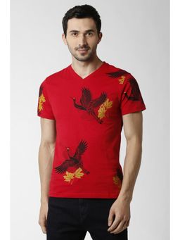 Peter England - Men Red Printed V-Neck T-Shirt