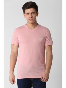 Peter England - Men Pink Solid V-Neck T-Shirt