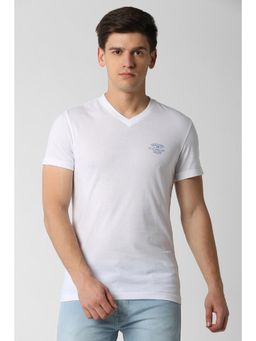 Peter England - Men White Solid V-Neck T-Shirt