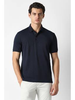 Van Heusen - Men Navy Blue Textured Polo T-Shirt