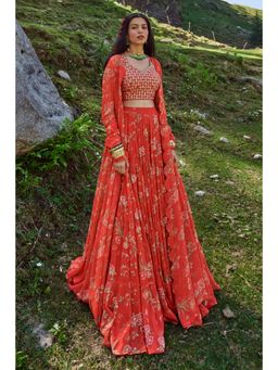 Paulmi & Harsh - Poppy Red Floral Print Lehenga (Set of 3)