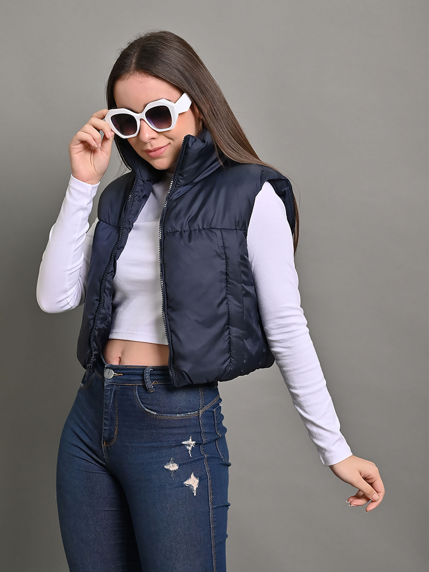 nobarr Women's Nylon Sleeveless Puffer Crop Navy Blue Jacket-picture-22