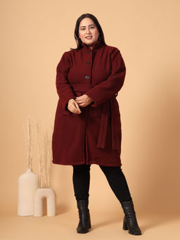 RIGO - Women Maroon Polar Fleece Overcoat with Belt (Set of 2)