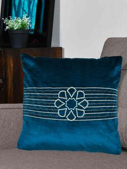 At Home by Nilkamal - Embroidered Cotton Polyester Cushion Cover Blue (16x16 inches)