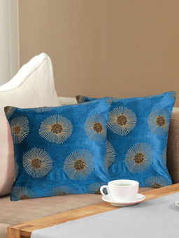 At Home by Nilkamal - 2 Floral Cotton Polyester Cushion Covers Blue (16x16 inches)