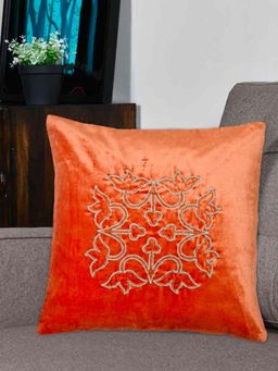 At Home by Nilkamal - Embroidered Cotton Polyester Cushion Cover Orange (16x16 inches)