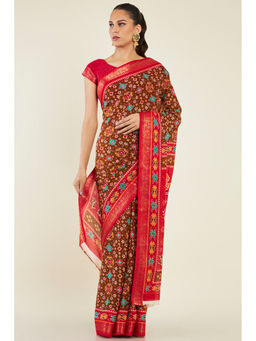 Soch - Women Brown Cotton Abstract Saree with Unstitched
