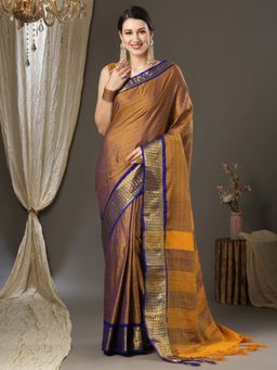 Akhilam - Womens Aura Silk Mustard Woven Designer Saree with Unstitched Blouse