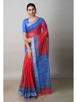 Unnati Silks - Red Pure Block Printed Kota Cotton Saree with Unstitched Blouse