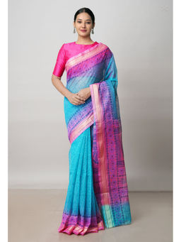 Unnati Silks - Blue Pure Block Printed Kota Cotton Saree with Unstitched Blouse
