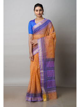 Unnati Silks - Orange Pure Block Printed Kota Cotton Saree with Unstitched Blouse