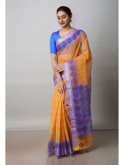 Unnati Silks - Orange Pure Block Printed Kota Cotton Saree with Unstitched Blouse