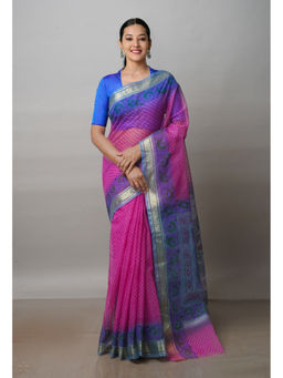 Unnati Silks - Pink Pure Block Printed Kota Cotton Saree with Unstitched Blouse