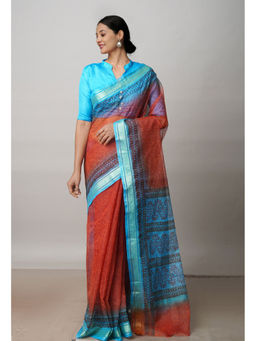 Unnati Silks - Rust Pure Block Printed Kota Cotton Saree with Unstitched Blouse