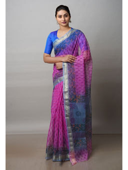Unnati Silks - Pink Pure Block Printed Kota Cotton Saree with Unstitched Blouse