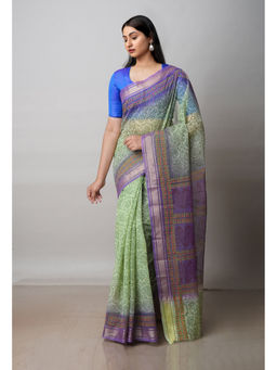 Unnati Silks - Green Pure Block Printed Kota Cotton Saree with Unstitched Blouse