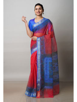 Unnati Silks - Red Pure Block Printed Kota Cotton Saree with Unstitched Blouse