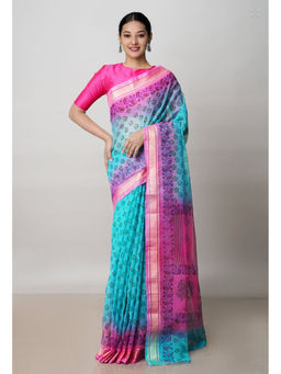 Unnati Silks - Turquoise Pure Block Printed Kota Cotton Saree with Unstitched Blouse