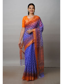 Unnati Silks - Blue Pure Block Printed Kota Cotton Saree with Unstitched Blouse