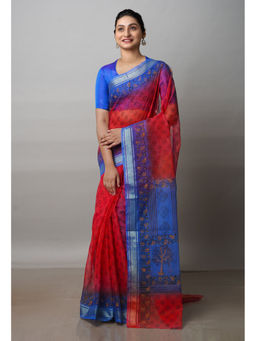 Unnati Silks - Red Pure Block Printed Kota Cotton Saree with Unstitched Blouse