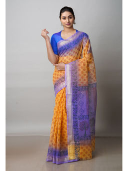 Unnati Silks - Blue Pure Block Printed Kota Cotton Saree with Unstitched Blouse